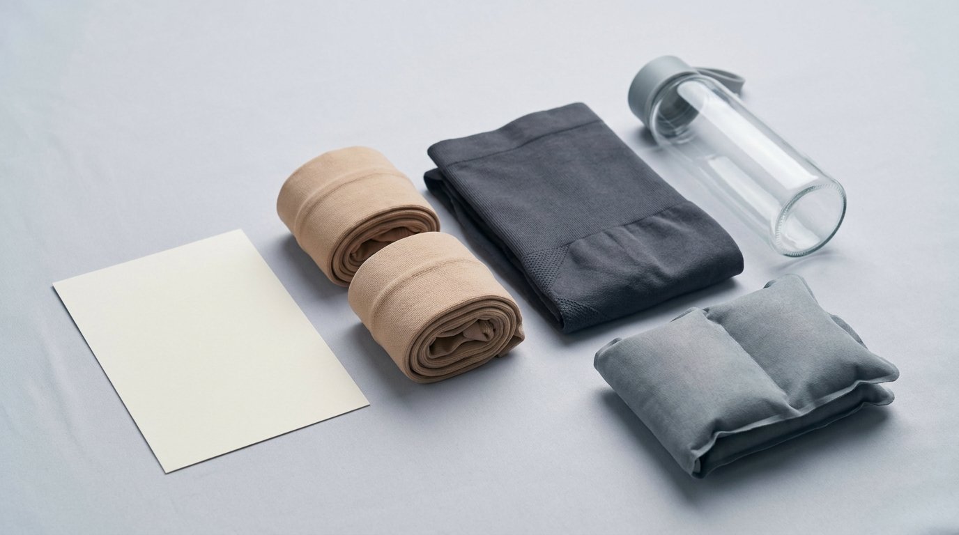 Flat-lay of rolled compression stockings, a folded compression garment, a plain travel card, a water bottle and a small footrest cushion on a pale surface.