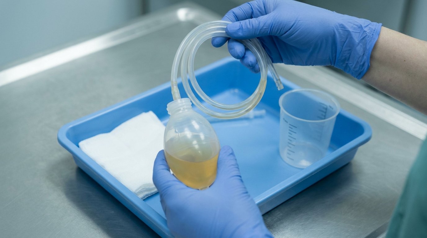Gloved hands holding a clear surgical drain bulb partly filled with straw-coloured fluid on a sterile tray with tube, gauze and measuring cup.