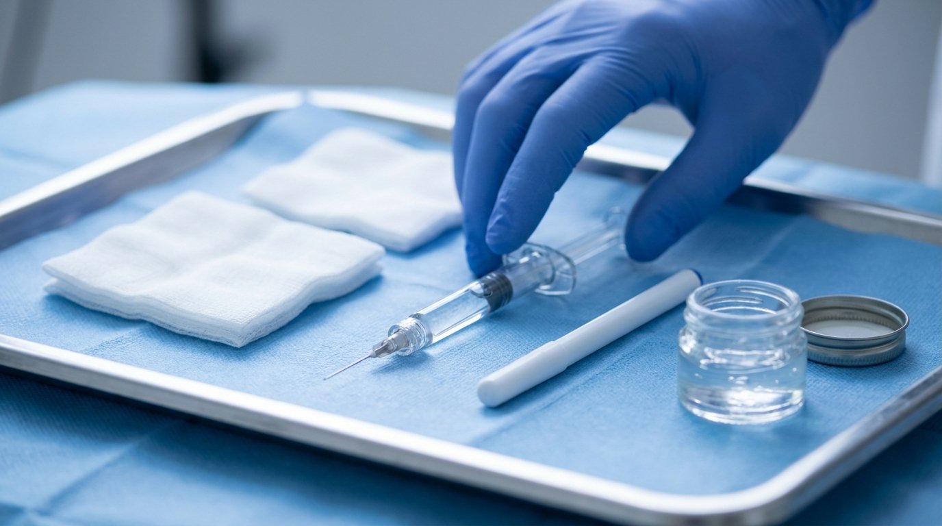A single pre-filled dermal filler syringe with a fine needle on a sterile tray beside gauze, marking pen and topical numbing gel, with one gloved hand on the plunger.
