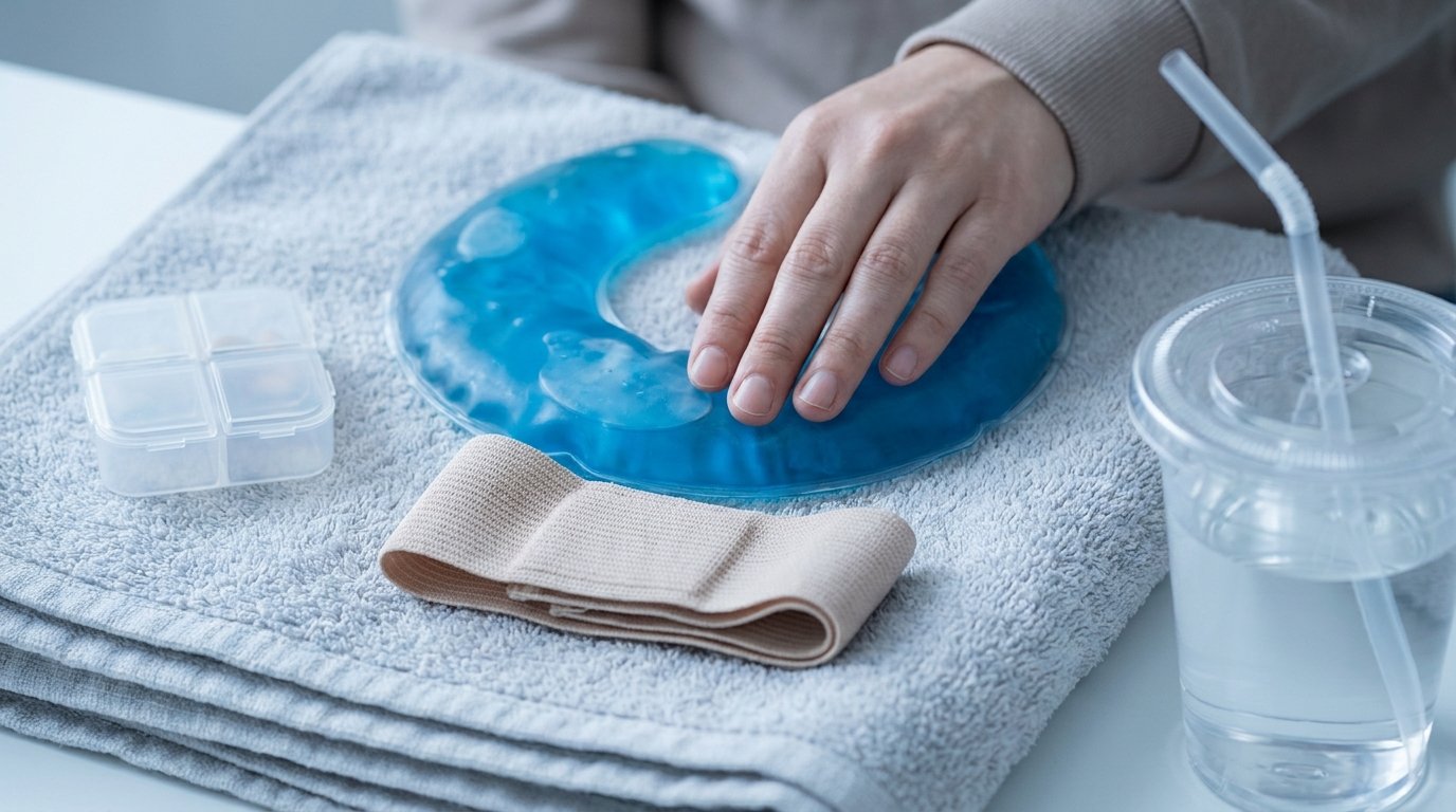 A chin-implant recovery kit on a towel with a jaw-shaped cold gel pack, chin support strap, pill organiser and a cup with a bendy straw, one hand holding the cold pack.