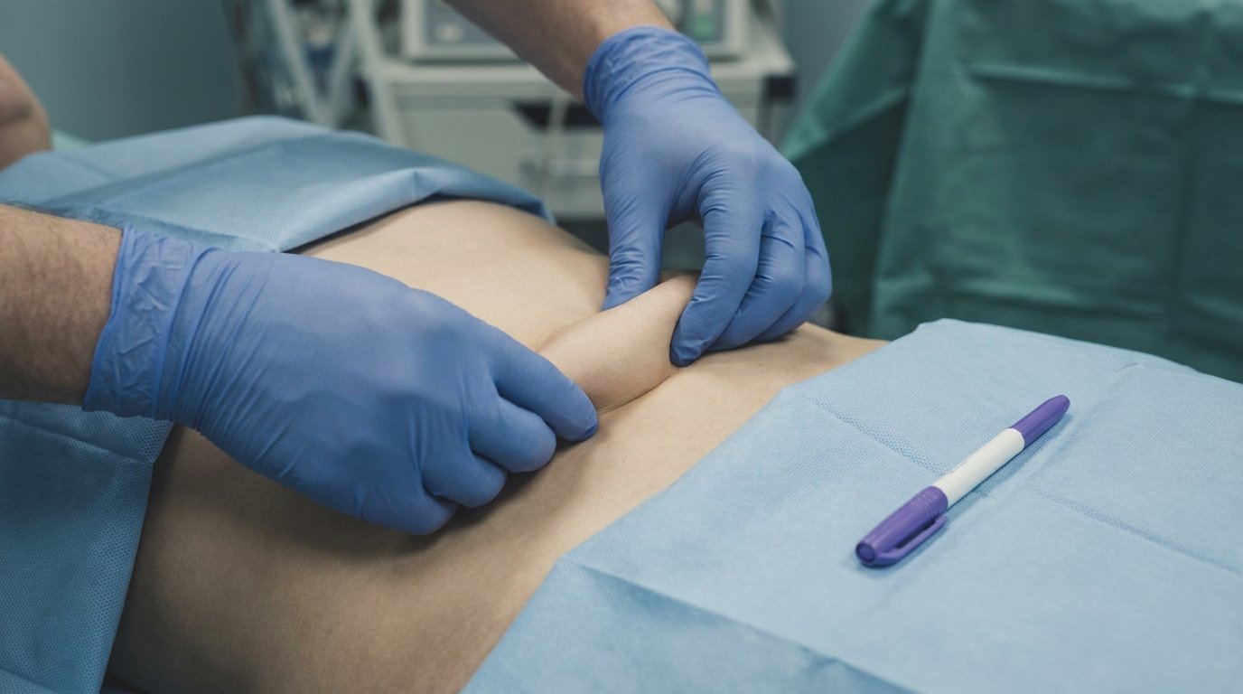 Two gloved hands pinching a fold of abdominal skin to assess spare fat, a surgical marker resting nearby.
