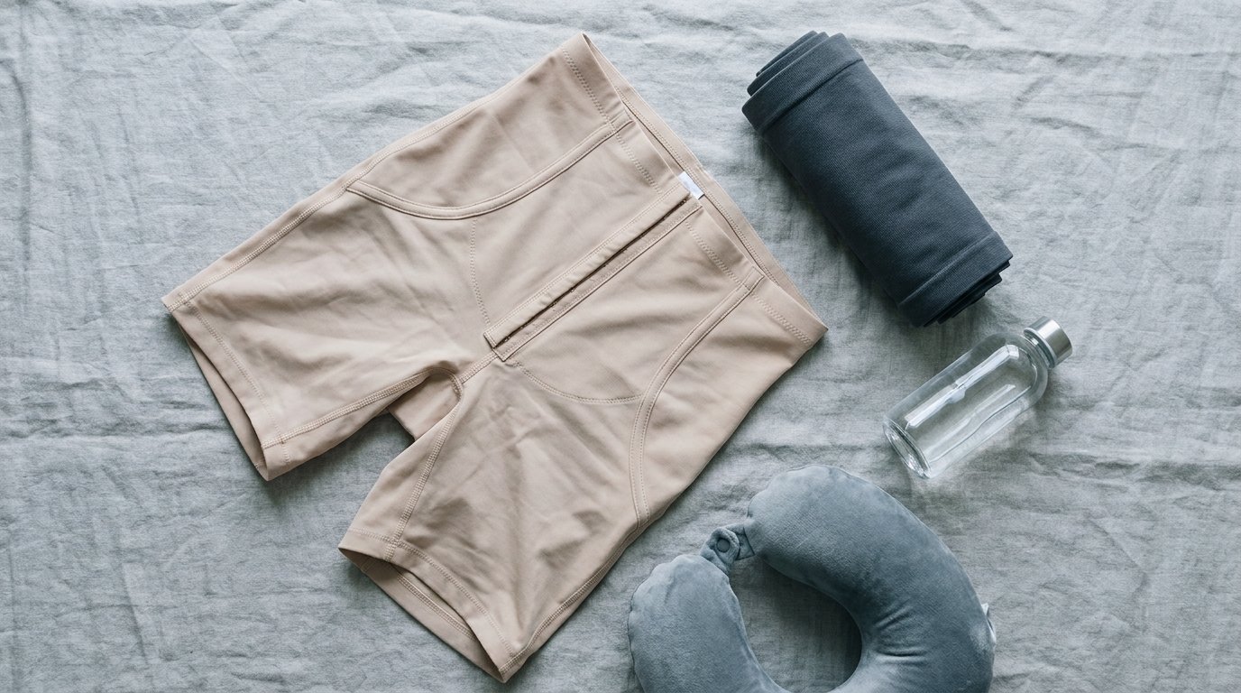 A flat-lay of a folded abdominal compression garment, thigh sleeves, a plain water bottle and a travel neck support on neutral fabric.
