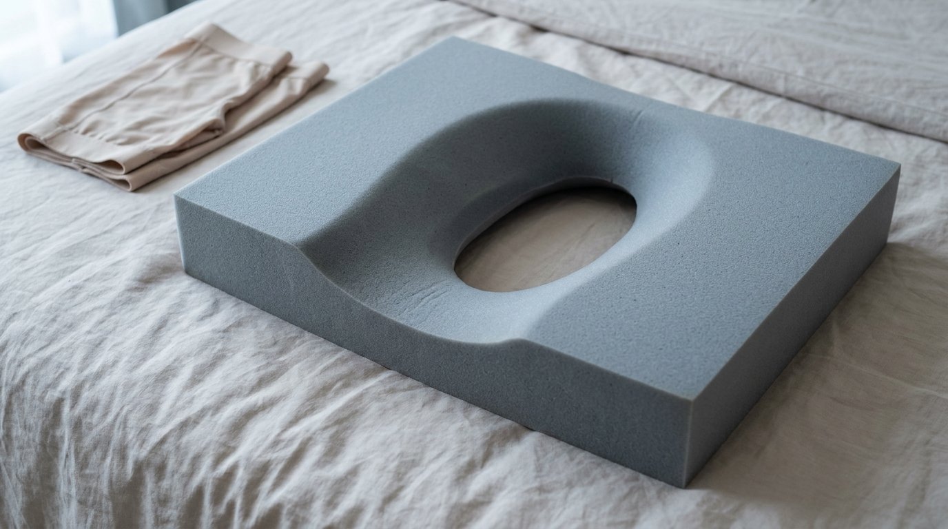 A flat-lay of a firm rectangular positioning pillow with a scooped-out central hollow on a neutral bedsheet, a folded beige compression garment resting in the top corner.