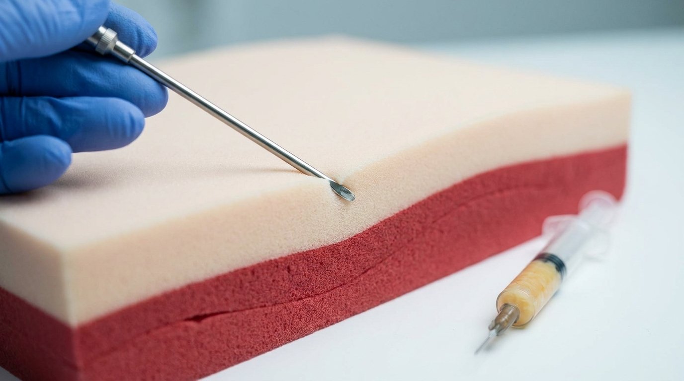 A gloved hand holding a blunt cannula angled into the pale upper layer of a layered foam cross-section, above a red muscle layer, with a syringe of fat resting beside it.