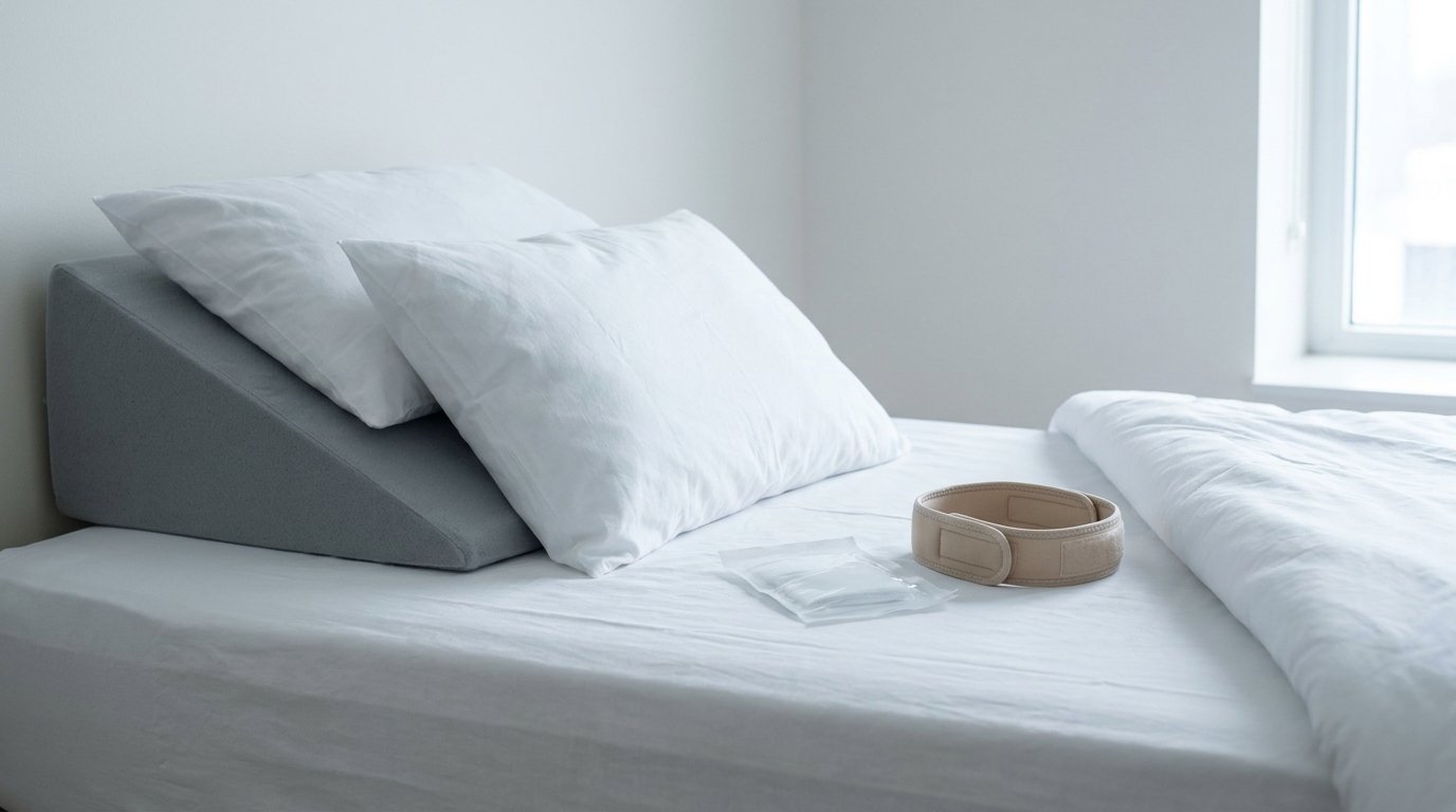 A foam wedge pillow raising two pillows into an incline on a plain bed, with folded gauze and a chin strap resting beside it.