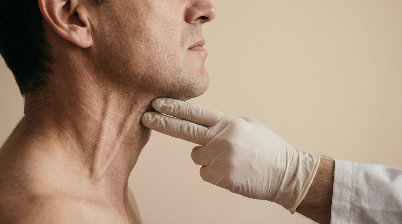 A doctor pressing two fingertips against a seated patient's neck in profile while vertical neck cords stand out under the jaw.