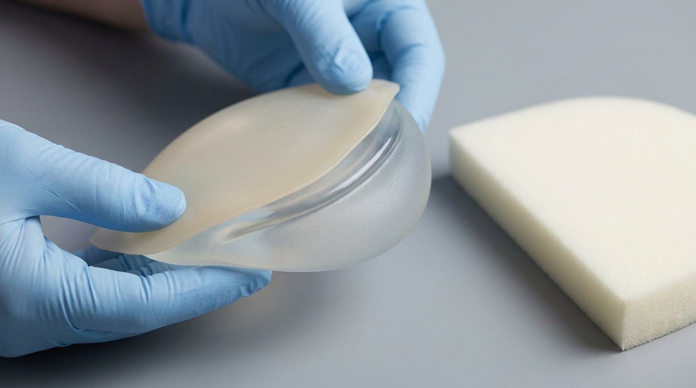 Gloved hands holding a silicone buttock implant covered by a thin translucent sheet, its edge visibly ridging through, with a thicker foam pad resting nearby.