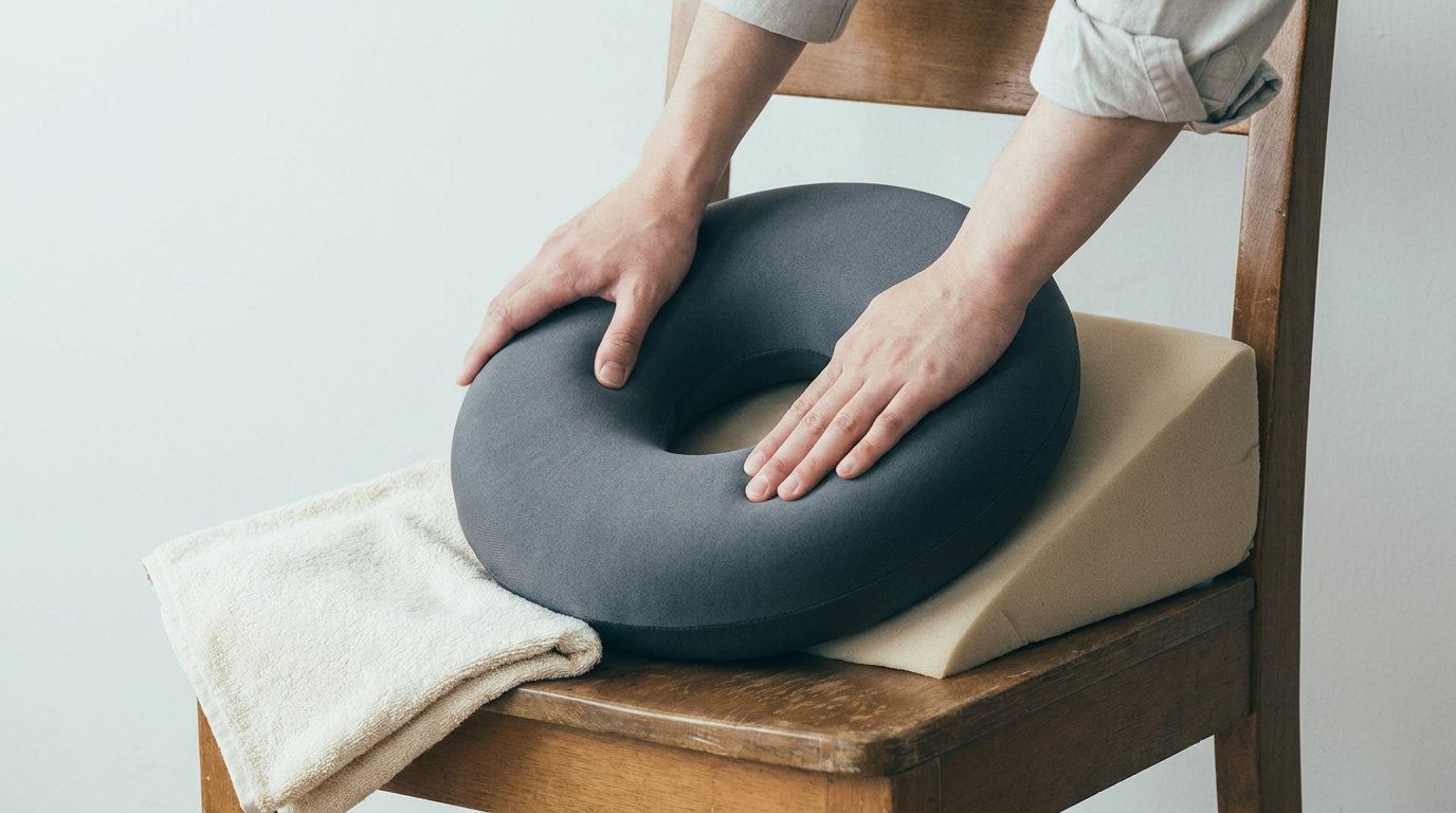A donut cushion and foam wedge arranged on a plain chair seat with a hollow center, two hands pressing the cushion, a folded towel resting to the side.