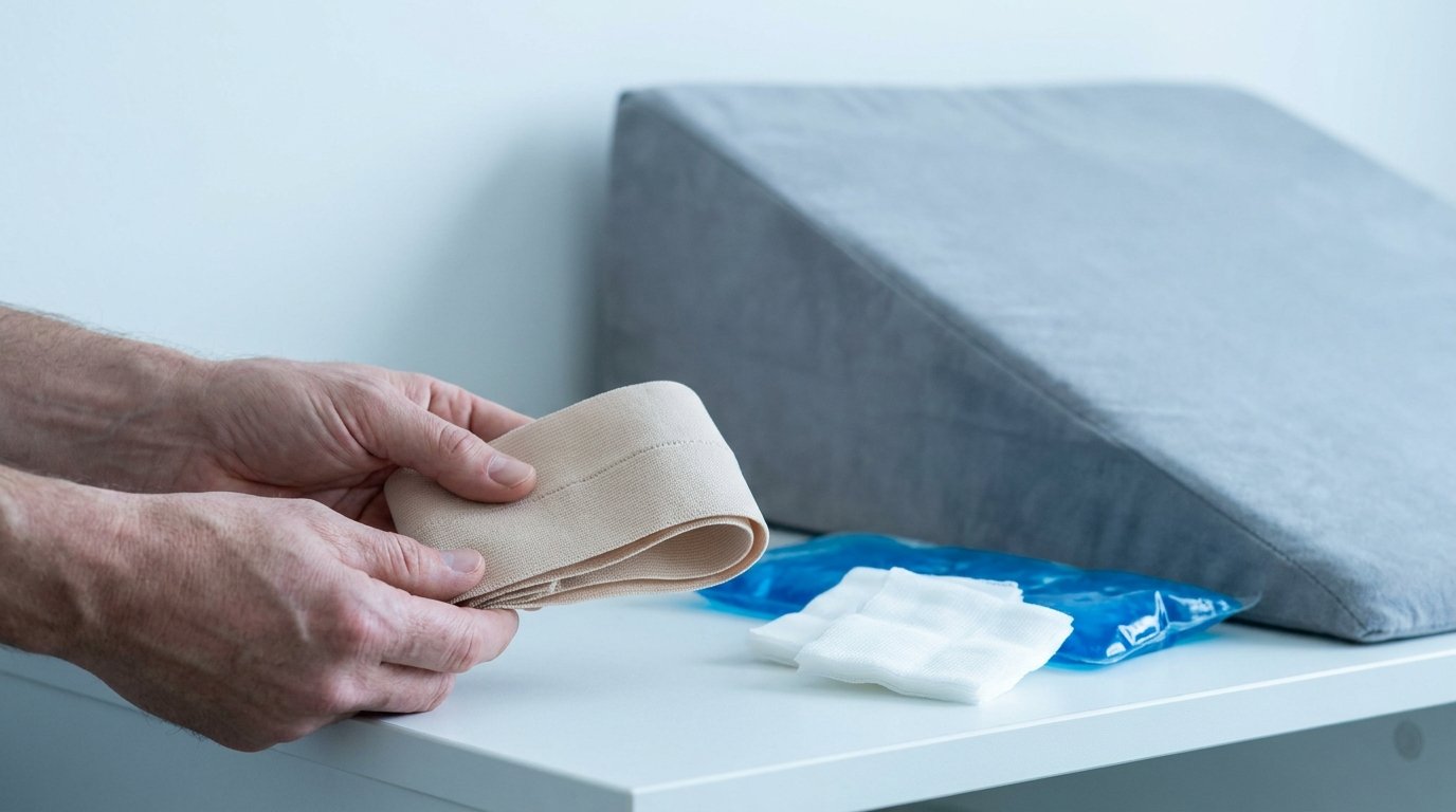 A folded chin-and-crown facial compression wrap, gauze, a cold pack and an elevation wedge pillow on a bedside table, with hands resting on the wrap.
