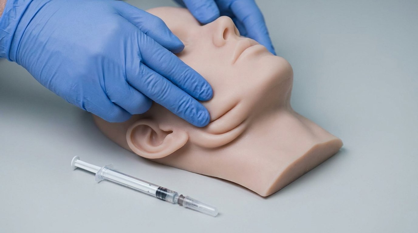 Gloved hands lift and tighten the cheek of an anatomical lower-face model, gathering the skin into a fold at the jawline, with an unused filler syringe resting nearby.