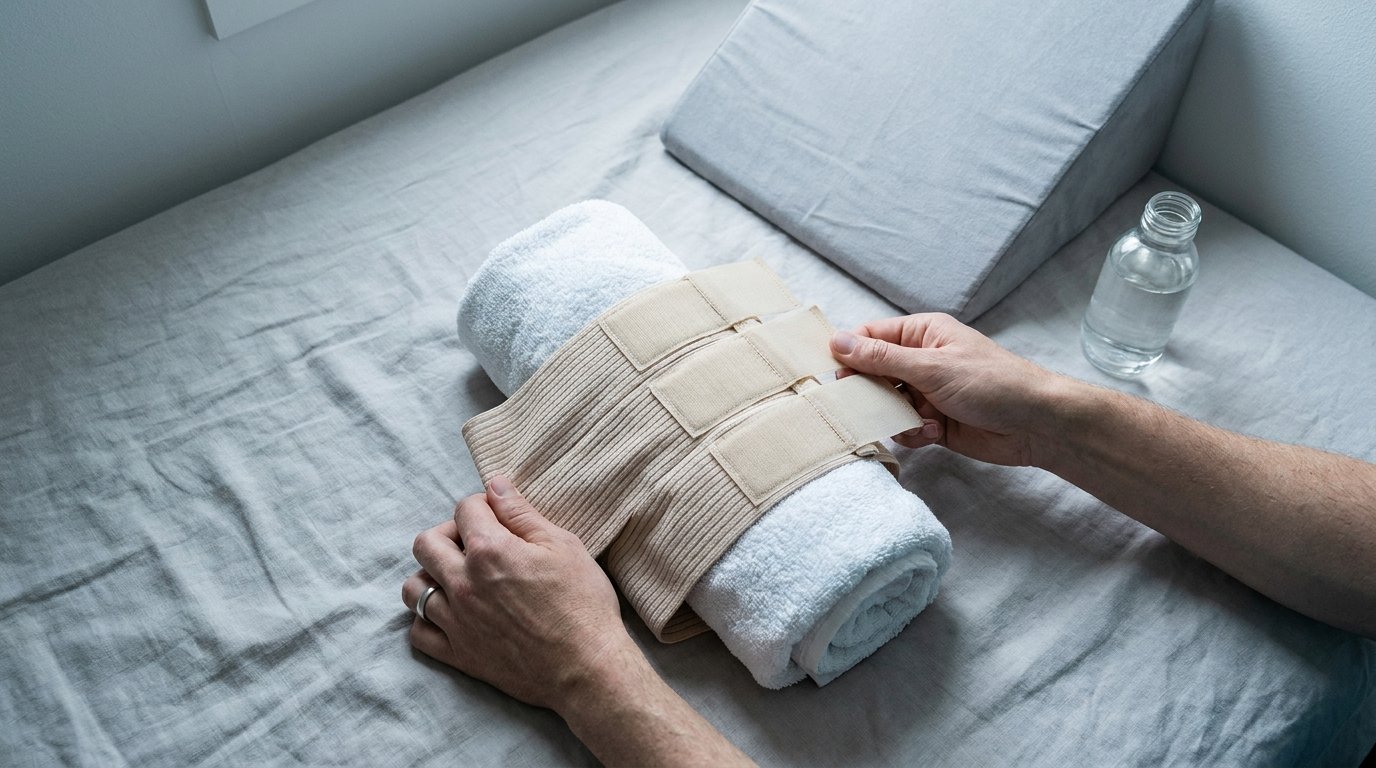 Hands fasten a wide elastic abdominal compression binder on a bed beside a wedge pillow and water bottle.
