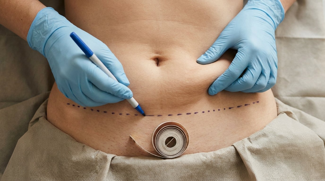 A gloved clinician draws a long horizontal marker line from hip to hip across the lower abdomen while pinching a broad skin fold, navel visible above.