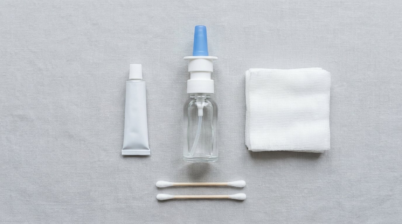 A flat-lay of an unbranded saline spray bottle, ointment tube, gauze pads and cotton swabs on a plain surface.