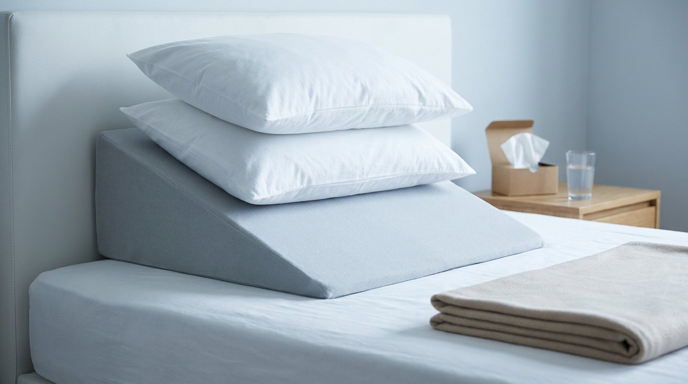 A foam wedge pillow with two pillows stacked on top on a bed, tissues and water on the nightstand.