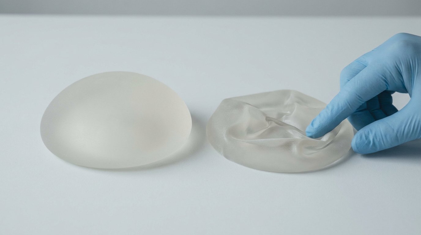 Two saline breast implants on a white surface, one plump and rounded, one collapsed and wrinkled, with a gloved fingertip touching the deflated one.
