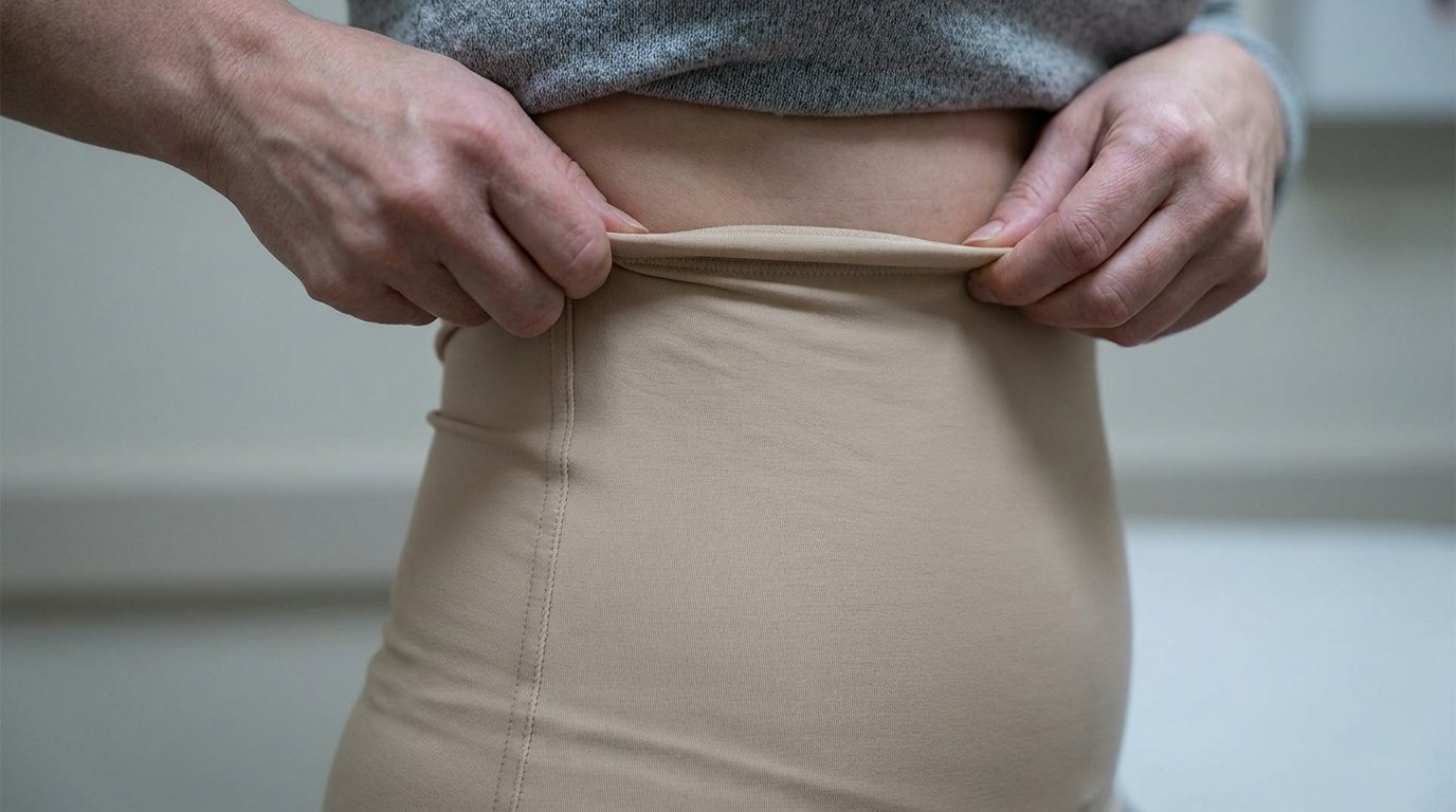 Two hands pulling a smooth beige compression garment snugly over the abdomen and flank area.