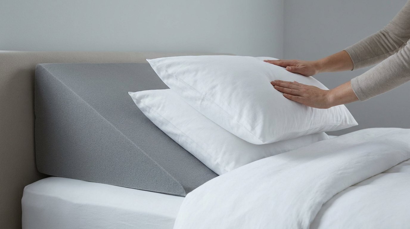 A foam wedge pillow with stacked pillows forming an inclined rest against a headboard, hands adjusting the top pillow.