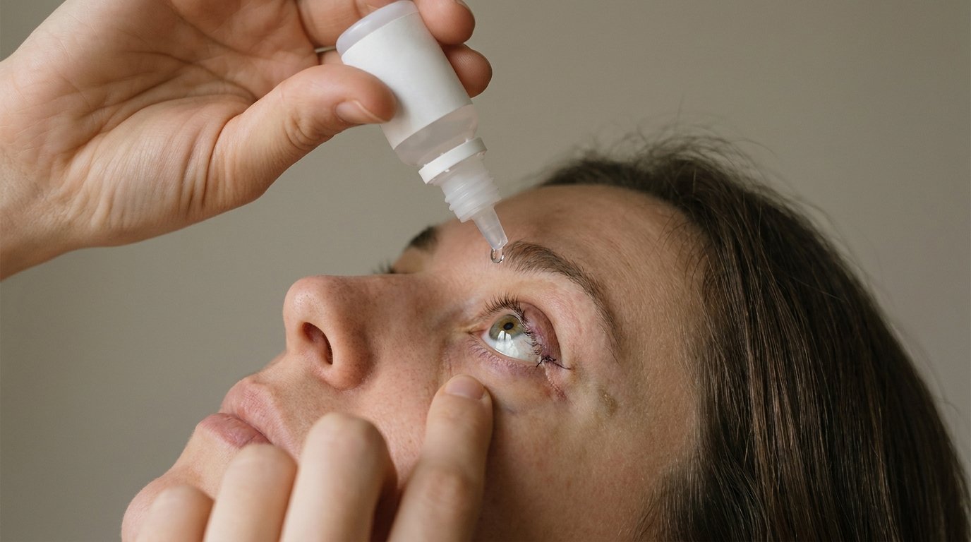 A person tilting back their head while instilling a lubricating eye drop into a lower-lid pocket after eyelid surgery.