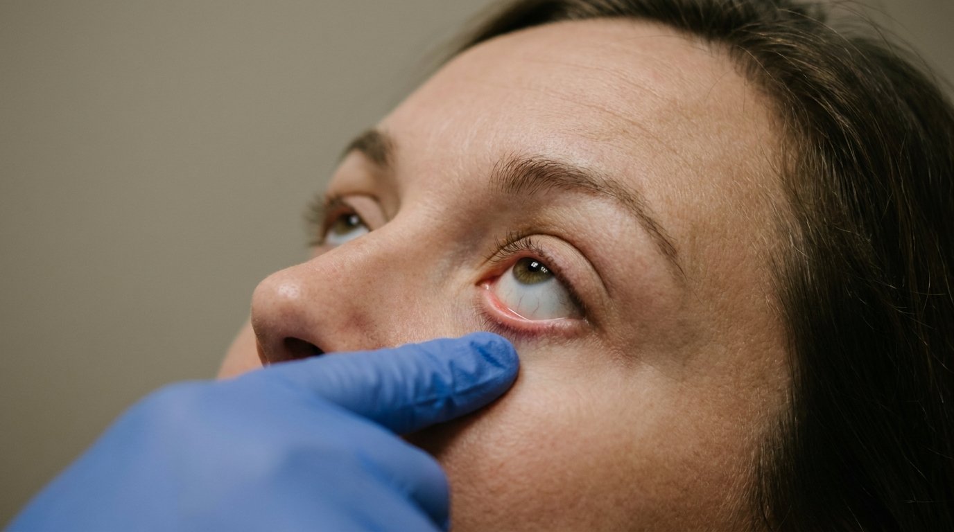 Gloved fingertip gently pulling a patient's lower eyelid away from the eyeball to test lid laxity.