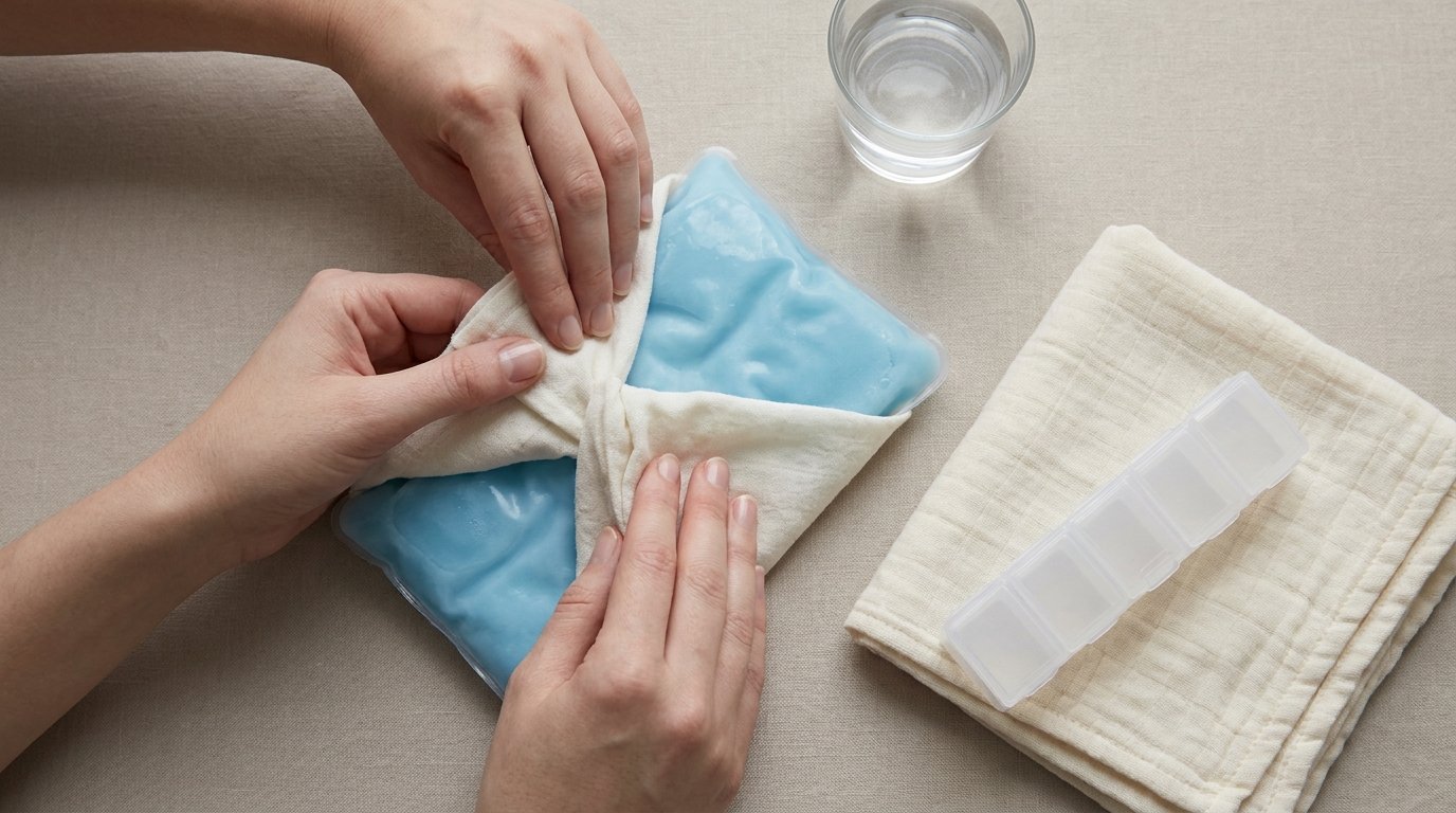 Hands wrapping a gel cold pack in a thin cloth beside a folded towel, a glass of water and a closed pill organiser.