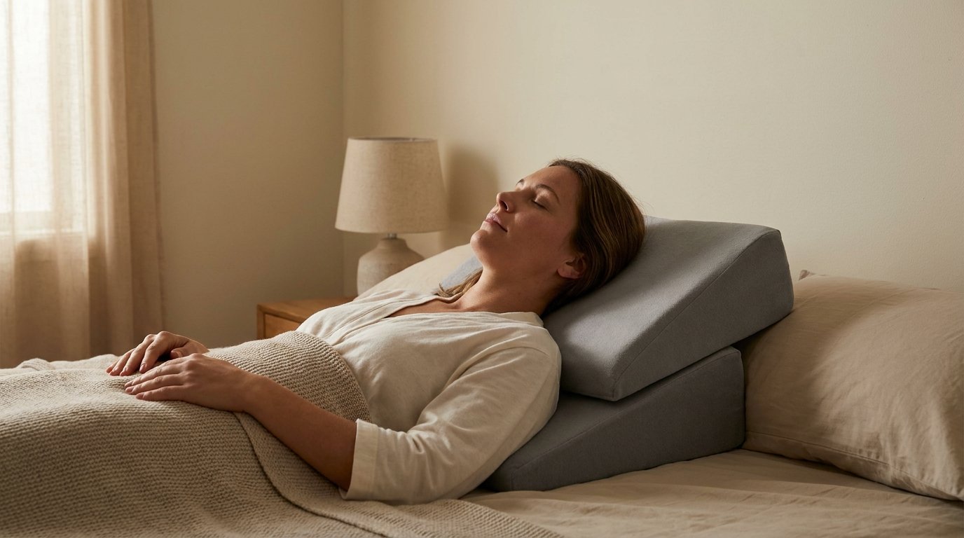 Woman sleeping on her back with head and shoulders raised on two wedge pillows, face relaxed and untouched.