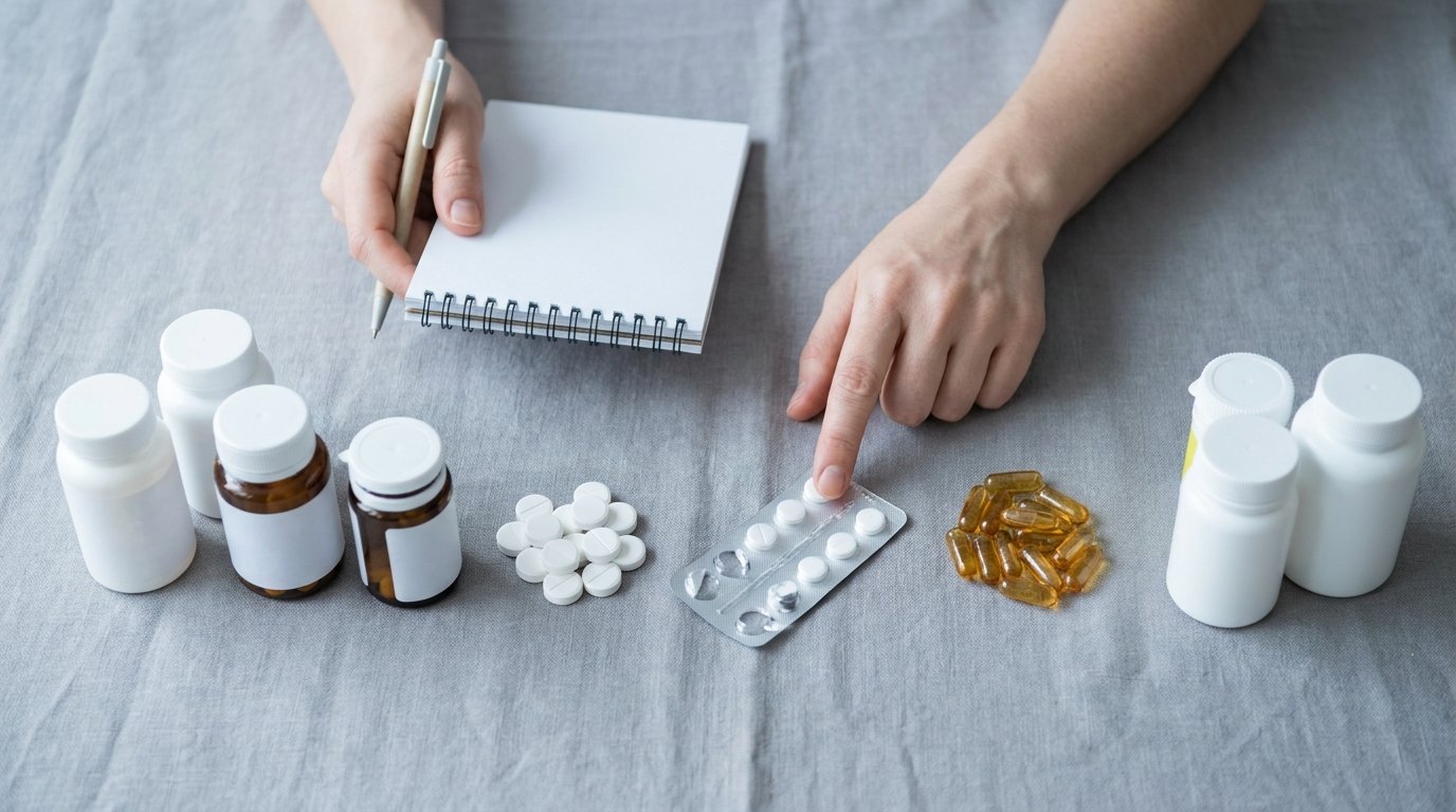 Flat-lay of unbranded pill bottles, tablets and herbal capsules with hands holding a notepad, listing them.