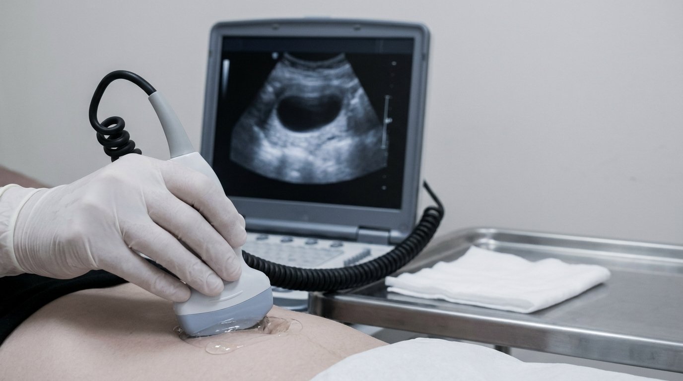 A hand pressing an ultrasound probe with gel against skin while a portable screen shows a grey sonogram with a dark oval fluid pocket.