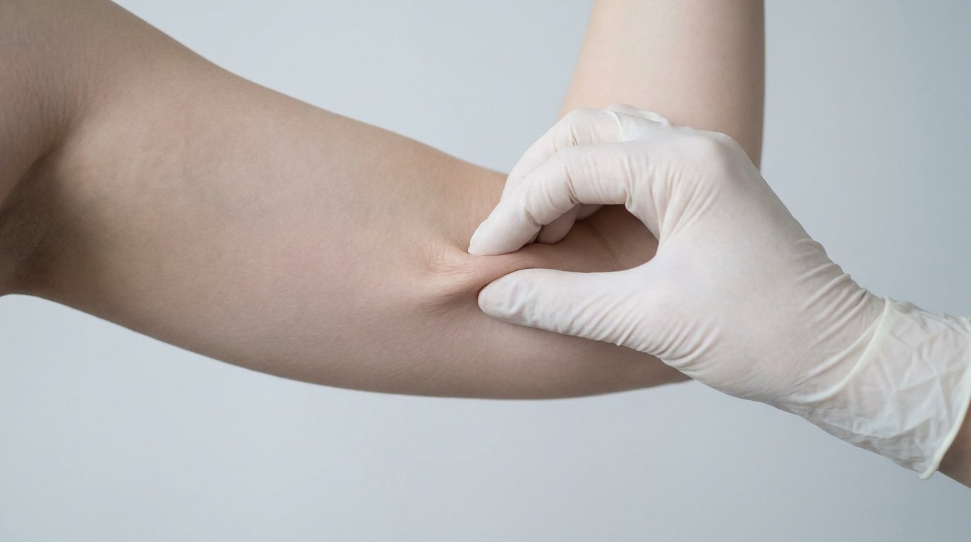 A hand pinching a small fold of skin on the inner upper arm to test its looseness.