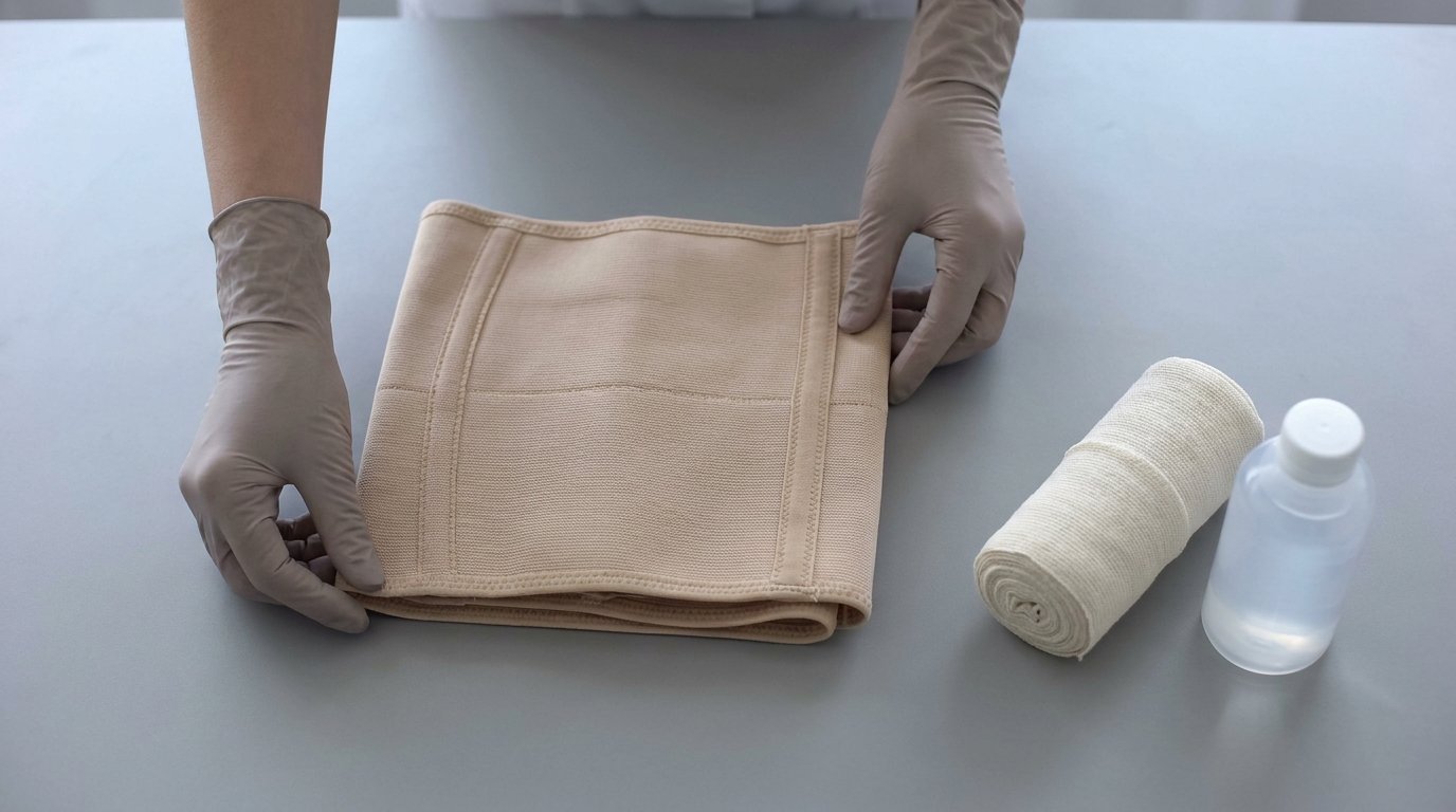 Hands smoothing a folded medical compression garment on a plain surface beside a cotton wrap and a water bottle.