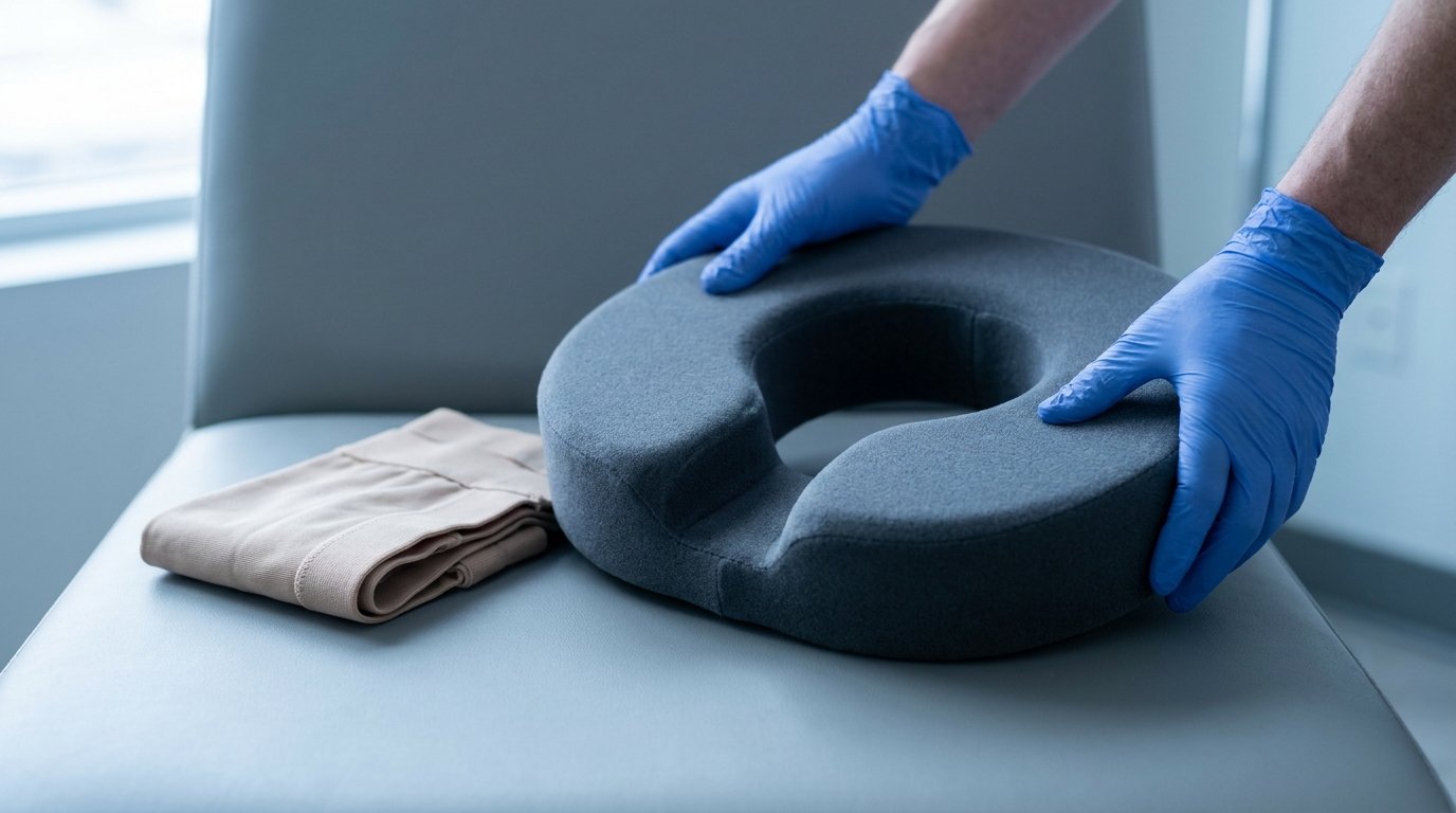 Two hands placing a donut-shaped recovery cushion with a hollow center on a plain chair seat, a folded compression garment beside it.