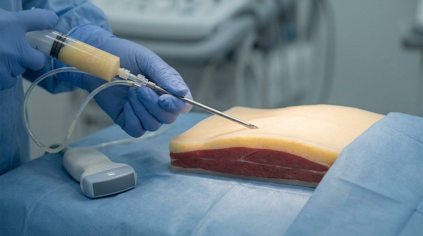 Two gloved hands guiding a blunt cannula and fat-filled syringe into the subcutaneous layer of an anatomical cross-section model, an ultrasound probe resting nearby.