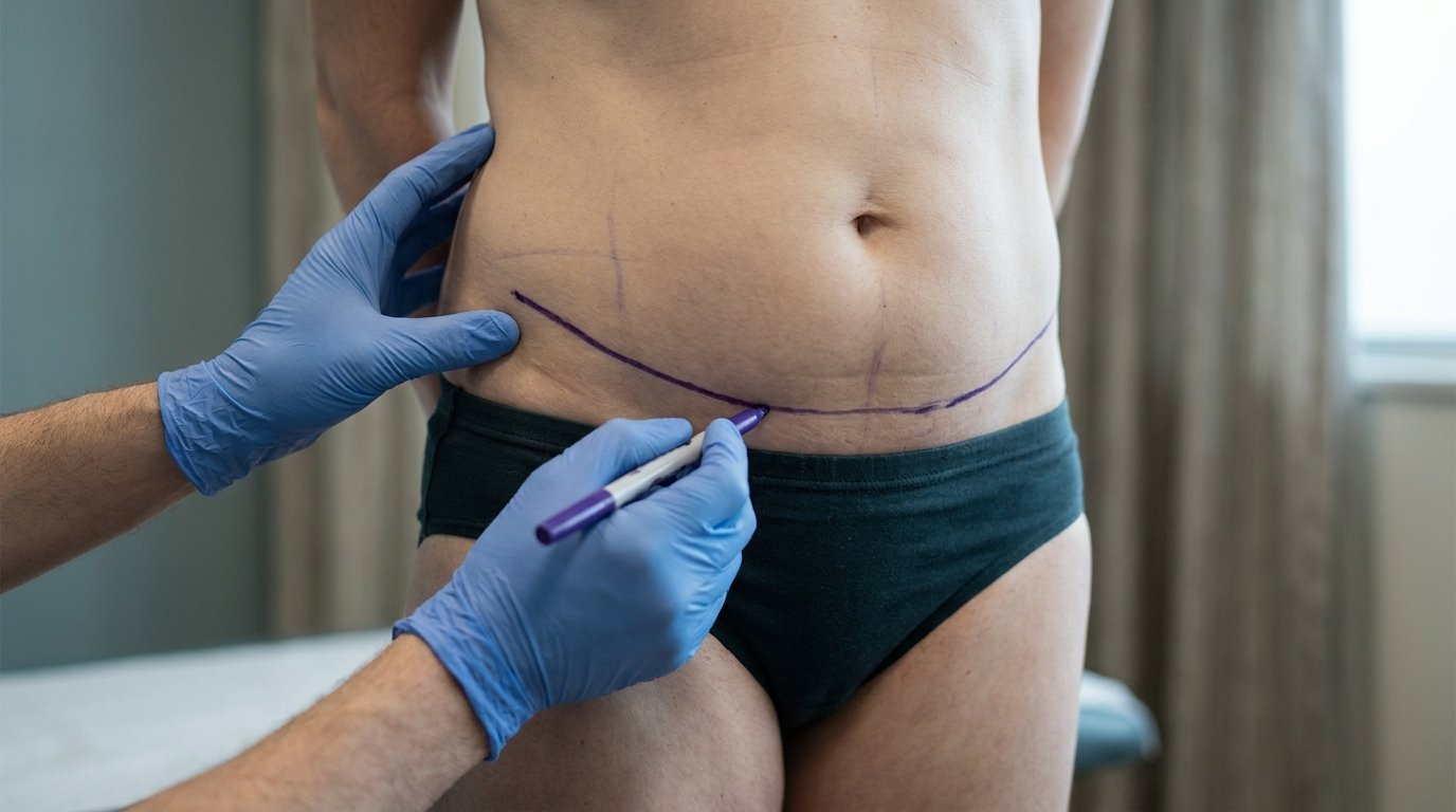 Gloved hands marking a low horizontal surgical scar line across a patient's lower abdomen extending toward the hip.