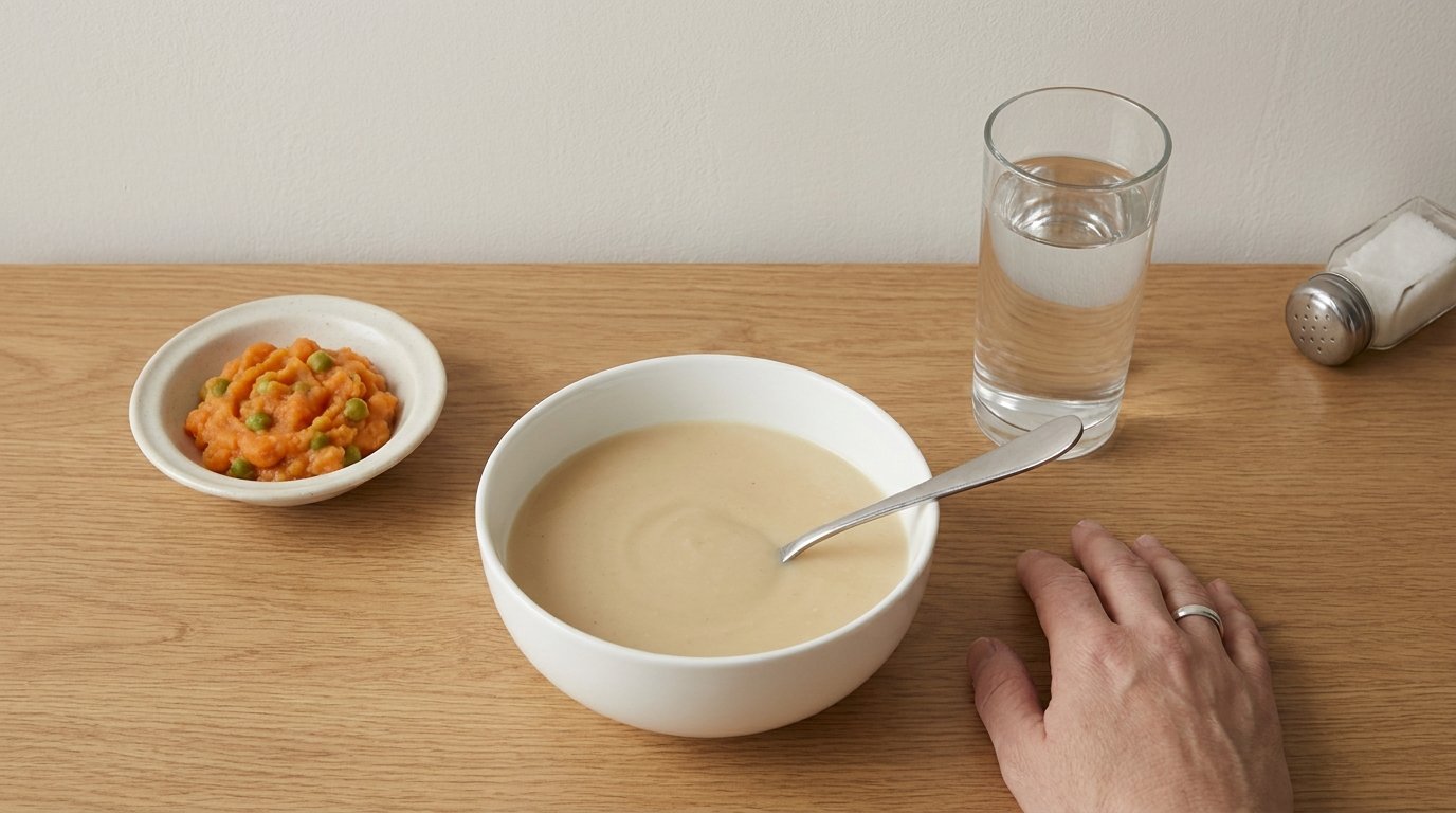 A flat-lay of smooth soup, soft mashed food, a glass of water and a salt shaker set aside on a plain table with one resting hand.
