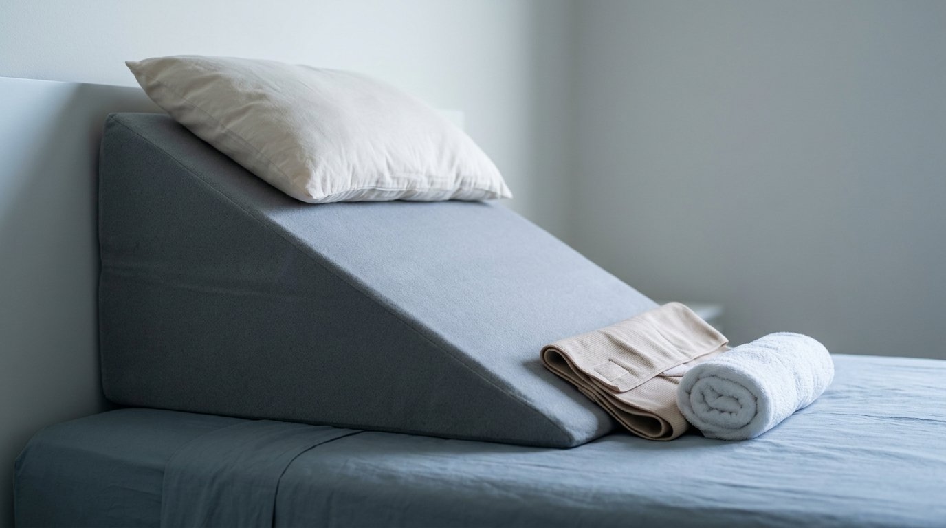 A foam wedge pillow angled against a headboard with a soft pillow and folded neutral wrap on a plain bed.