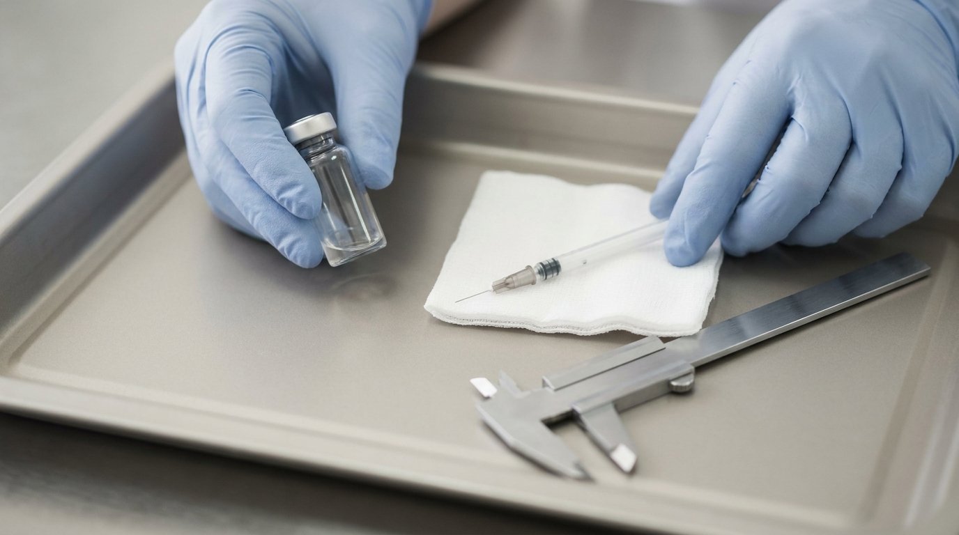 Gloved hands holding a small vial and a fine syringe over a clinical tray with a caliper on gauze.