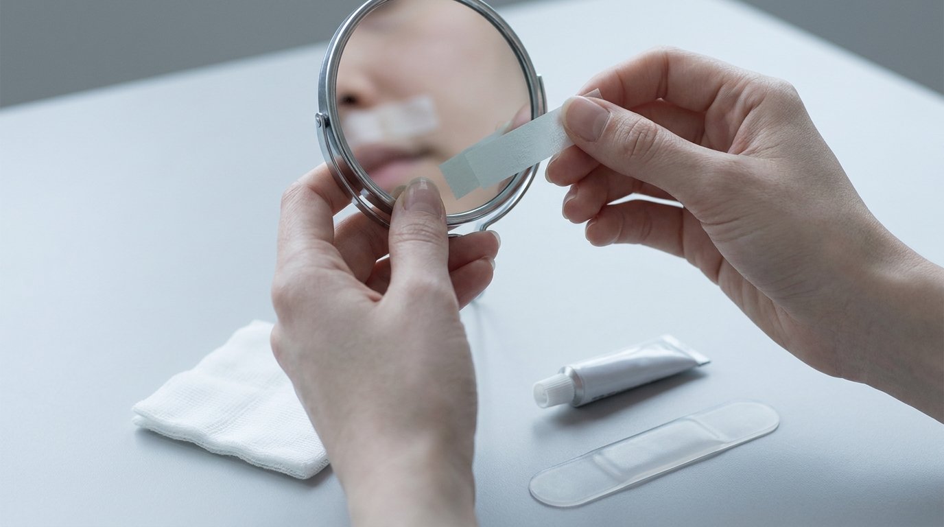 Hands holding a small mirror and a strip of surgical tape above a flat-lay of gauze, ointment and a silicone scar strip.