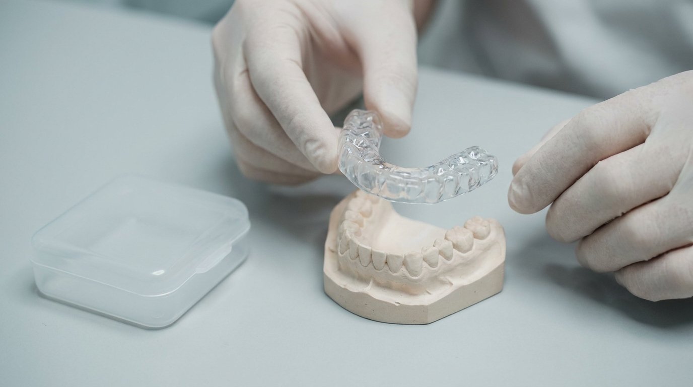 Hands holding a clear moulded night guard above a plaster model of a lower tooth arch, with a small case nearby.