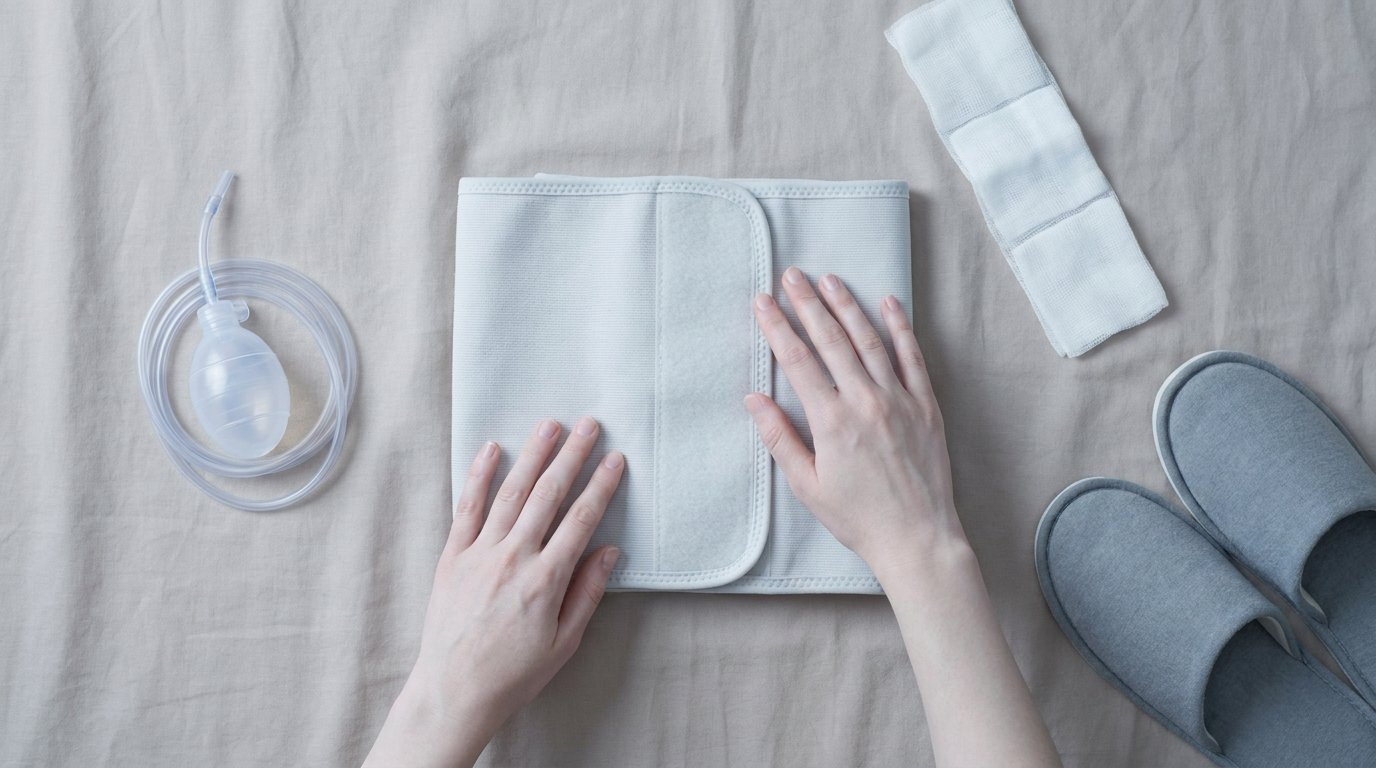 Flat-lay of a high-waist abdominal compression binder, a small surgical drain bulb, gauze and slippers on a plain sheet with two hands smoothing the binder.