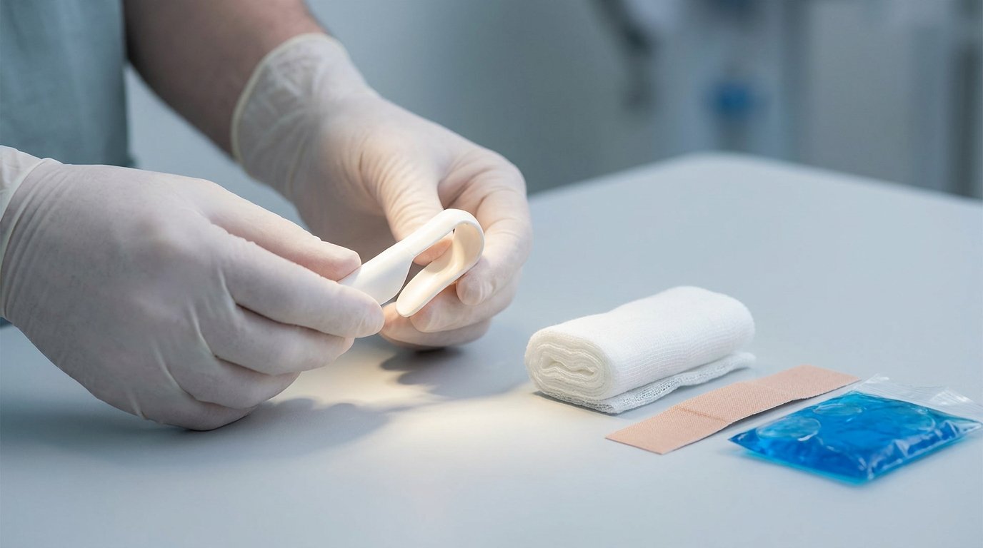Two hands inspecting a small curved nasal splint next to folded gauze, surgical tape and a cold pack on a pale surface.