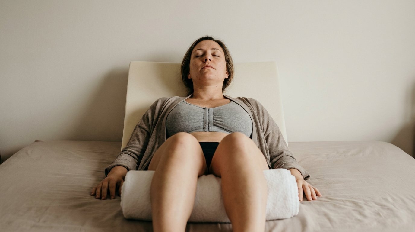 Woman lying on her back on an inclined foam wedge pillow wearing a front-closure support bra, a rolled towel under her knees.