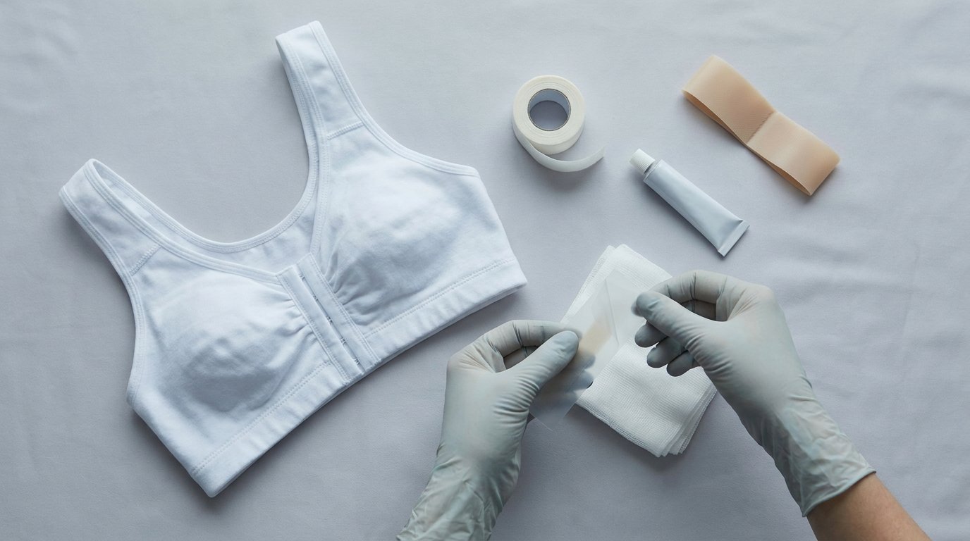 Flat-lay of a front-closure compression bra, silicone scar sheet, gauze and surgical tape, with hands peeling a scar strip.