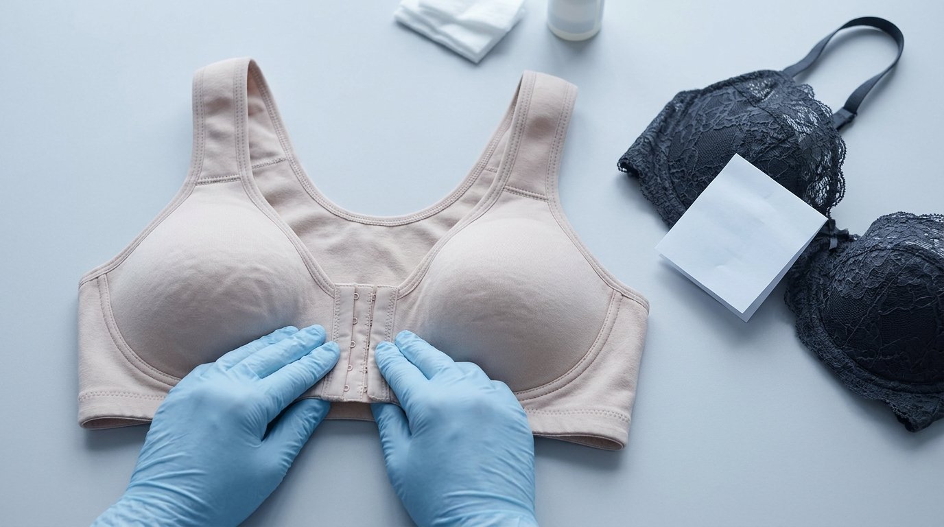 A wire-free front-closure post-op surgical bra laid flat next to a set-aside underwire bra, with hands smoothing the closure.