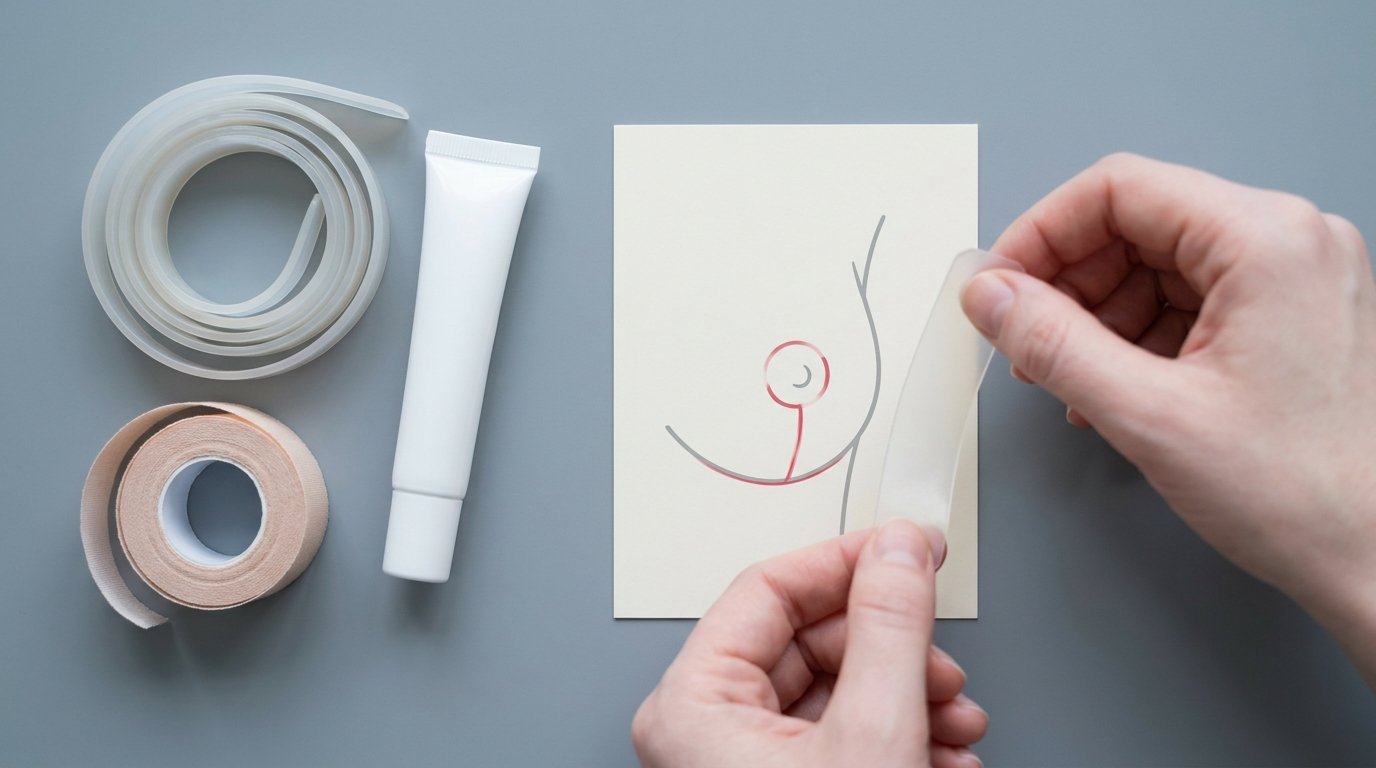 A flat-lay of silicone scar sheeting, scar gel and tape beside a card showing the around-areola, vertical and fold scar path, with hands lifting one strip.
