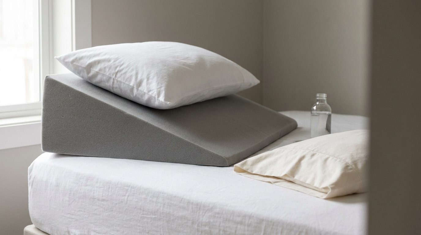 A triangular foam wedge pillow and extra pillow arranged at an incline on a white bed, with a folded pillowcase and water bottle beside them.