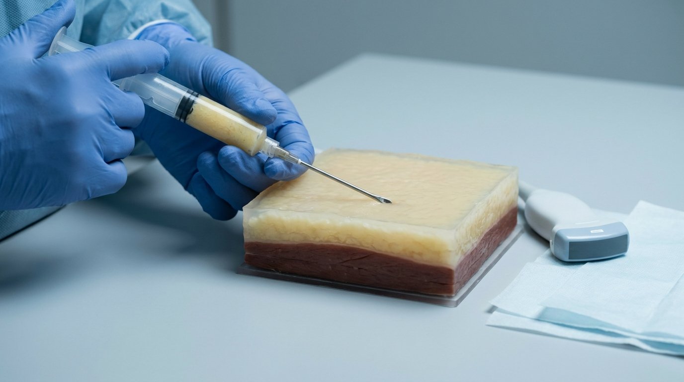 Gloved hands guiding a blunt fat-transfer cannula into the shallow fat layer of a cross-section tissue model, staying above the muscle, ultrasound probe nearby.