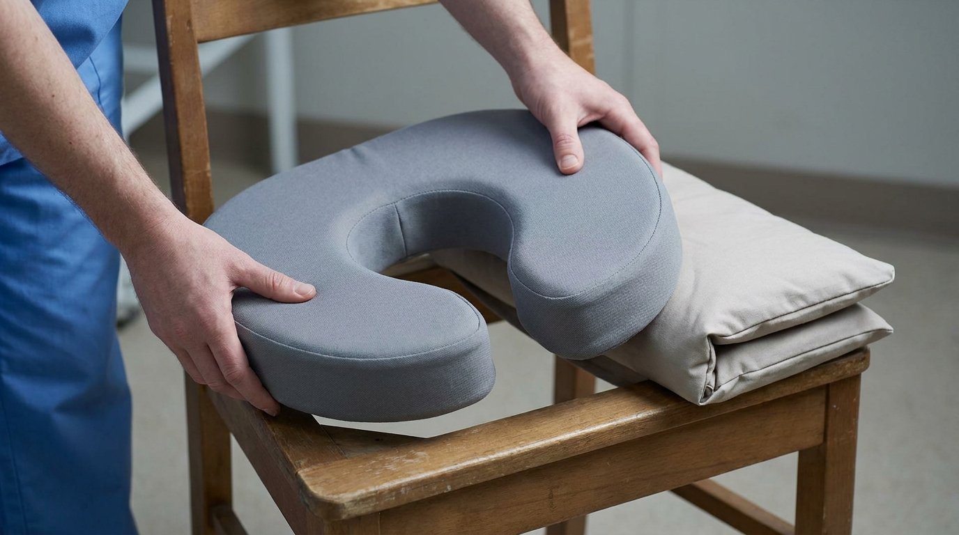 A horseshoe-shaped BBL cushion with a hollow center placed on a plain chair, hands positioning it, a body pillow folded beside it.