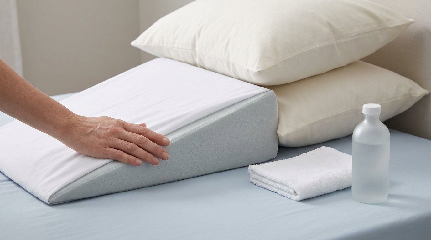 A foam wedge pillow on a bed with two pillows stacked on top and hands smoothing the cover, a saline bottle and folded towel beside it.