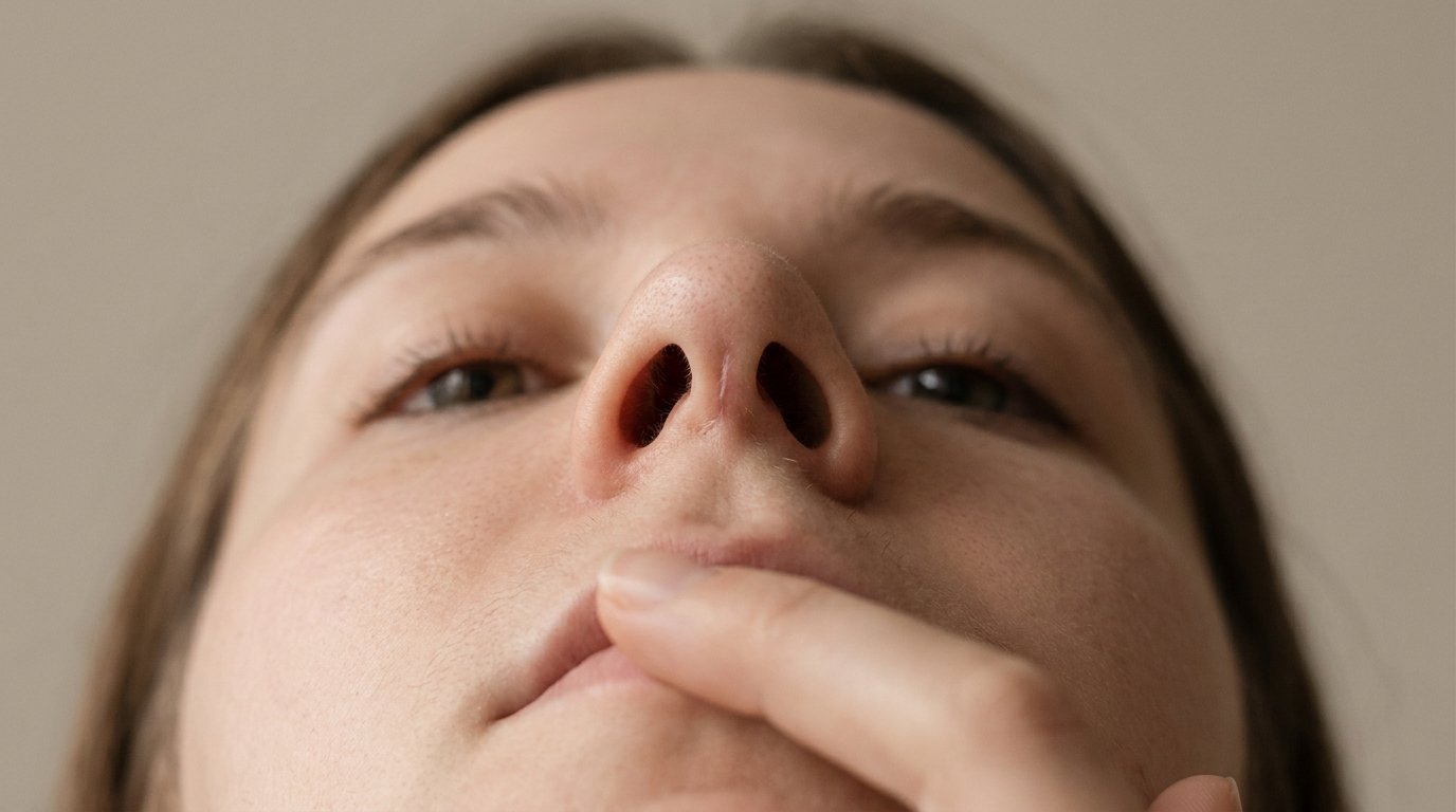 Base view of a woman's nose showing a thin vertical healing scar on the columella between the two nostrils, one fingertip steadying her chin.