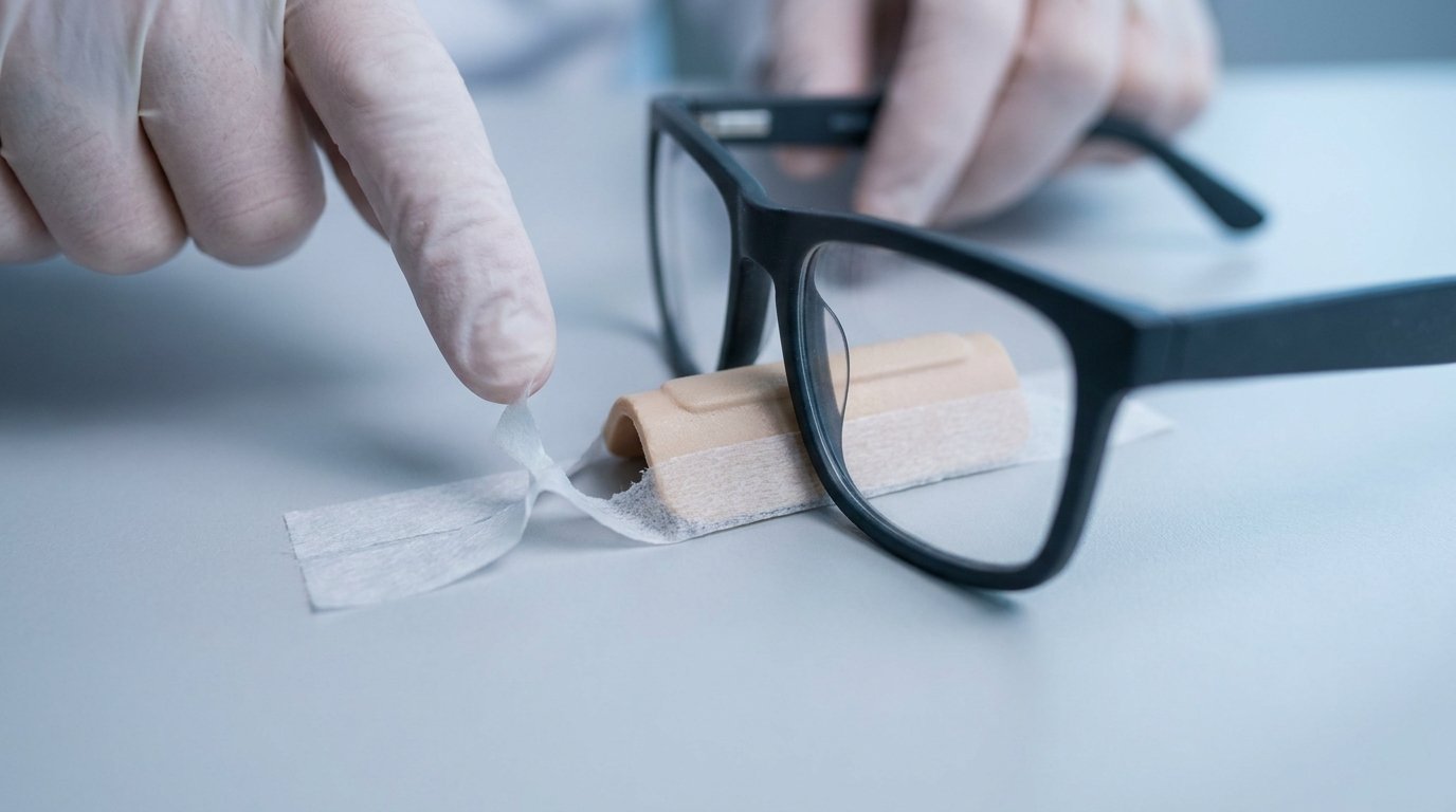 Heavy eyeglasses resting on a nasal splint and surgical tape on a plain surface, with the tape edge lifting where the frame presses.