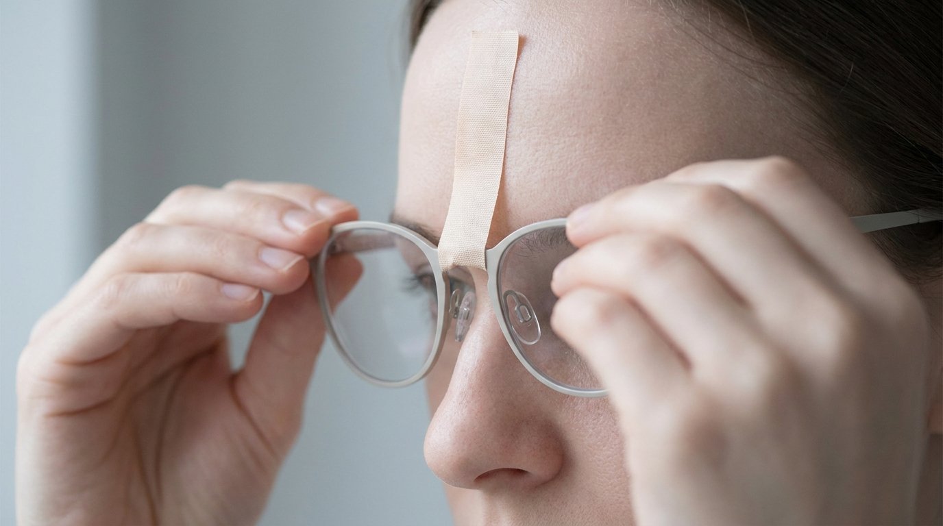 Hands holding lightweight eyeglasses suspended by tape to the forehead, with a visible gap between the nose pads and the bridge of the nose.